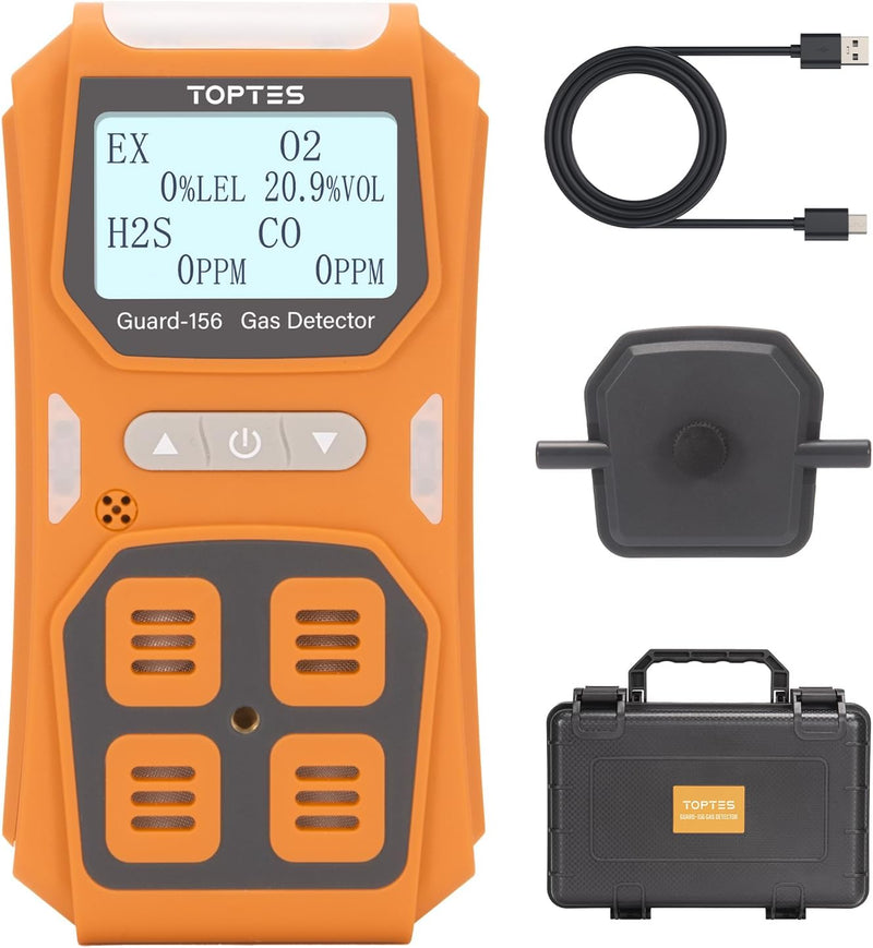 ギャラリービューアに画像をロードする, TopTes Guard-156 4 Gas Monitor Multi Gas Detector for H2S, CO, LEL, and O2, Triple Alarm Modes (Visual, Vibration, Sound), 0.5s Fast Response, Dust and Explosion Proof Design for Work and Home Safety-Orange
