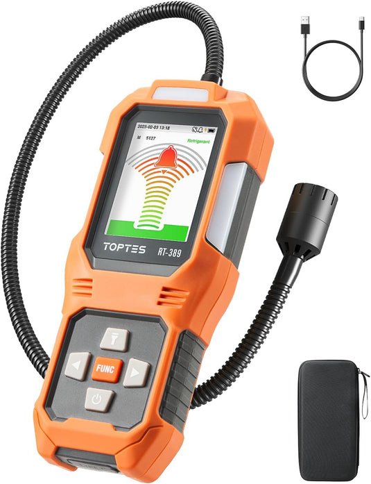 TOPTES RT-389 Rechargeable Refrigerant Leak Detector, HVAC Freon Leak Detector with 3 Sensitivity Modes & 3 Alarm Types, Air Conditioning Detection for CFCs, HCFCs, HFCs, HFOs, HCs - Orange