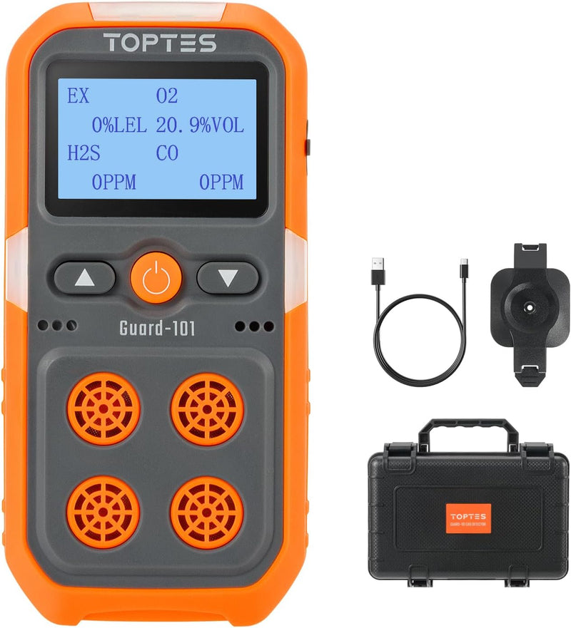Laden Sie das Bild in Galerie -Viewer, TopTes Guard-101 Gas Detector, 4 Gas Monitor for H2S, CO, LEL and O2, with Vibration, Visual and Audible Alarms, 14h Long Battery Life, Safety Explosion-Proof, for Work, Home - Orange
