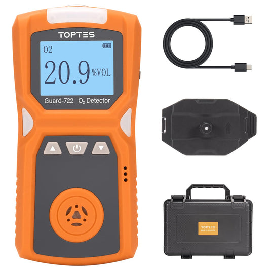TopTes Guard-722 Oxygen Detector, Portable O2 Monitor, 0-30%, Rechargeable 120H Battery Duration, Sound, Light and Vibration Alarms, Dust and Explosion Proof, Handheld O2 Meter for Work, Home - Orange