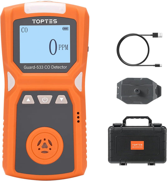 TopTes Guard-533 Portable Carbon Monoxide Detector, CO Detector with Visual, Audible & Vibration Alarms, Back Clip Design, 120h Standby, Auto Record Storage, Safety Explosion-Proof for Home, Work Use