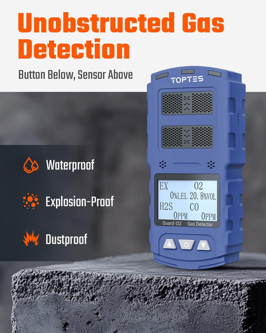 TopTes Guard-122 4 Gas Monitor Multi Gas Detector for H2S, CO, LEL, O2, 0.5s Response, Triple Alarms, Sensor Positioned at The Top for Unobstructed Detection, Safety Explosion-Proof for Work, Home-Blue