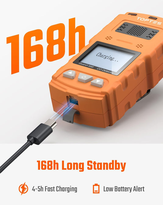 TopTes Guard-566 Portable Carbon Monoxide Detector, Rechargeable CO Detector with Back Clip, Vibration, Visual and Audible Alarms, 168h Long Standby, Adjustable Alarm Thresholds for Home, Work Use