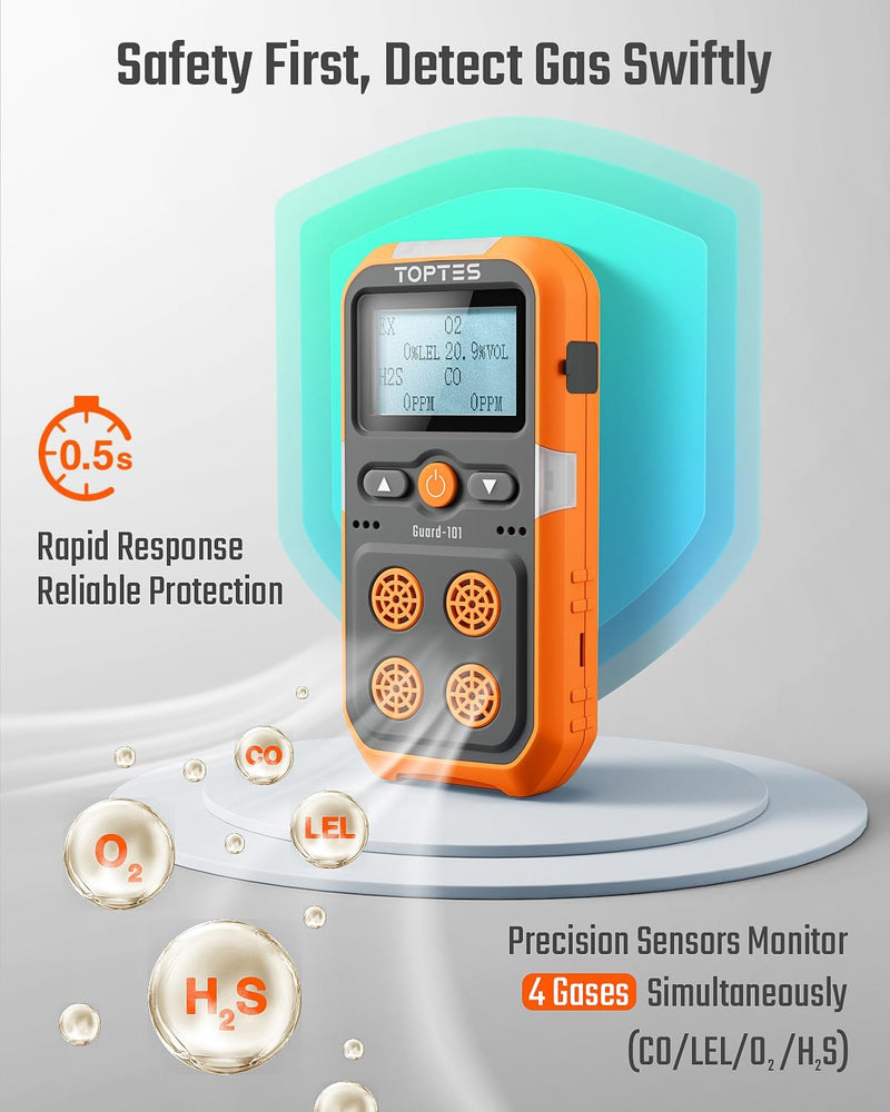 Laden Sie das Bild in Galerie -Viewer, TopTes Guard-101 Gas Detector, 4 Gas Monitor for H2S, CO, LEL and O2, with Vibration, Visual and Audible Alarms, 14h Long Battery Life, Safety Explosion-Proof, for Work, Home - Orange