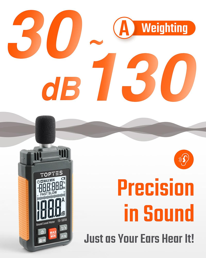 ギャラリービューアに画像をロードする, TopTes Decibel Meter, TS-501A Sound Level Meter with 2.25” Backlight LCD Screen, Portable SPL Tester with A Weighted, Range 30-130dB, Data Hold, MAX/MIN, Use for Home, Noisy Neighbor, Factory - Orange