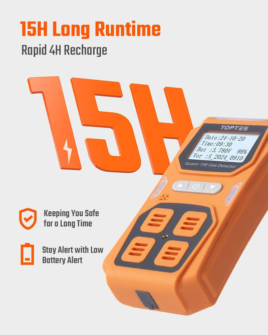 TopTes Guard-156 4 Gas Monitor Multi Gas Detector for H2S, CO, LEL, and O2, Triple Alarm Modes (Visual, Vibration, Sound), 0.5s Fast Response, Dust and Explosion Proof Design for Work and Home Safety-Orange