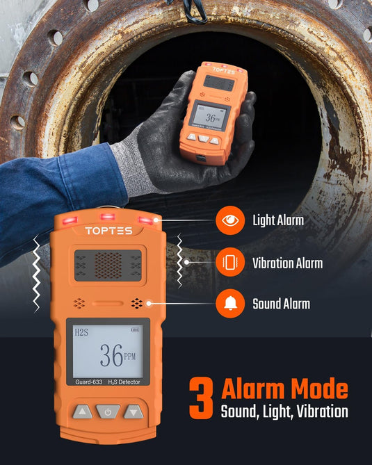 TOPTES Guard-633 H2S Detector, H2S Monitor Clip On with Precise Gas Sensor, 0.5S Fast Response, 7-Day Battery Life, Low Battery Alert, Adjustable Alarm Range, 3 Alarm Modes, Explosion-Proof Safety-Orange