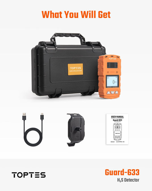 TOPTES Guard-633 H2S Detector, H2S Monitor Clip On with Precise Gas Sensor, 0.5S Fast Response, 7-Day Battery Life, Low Battery Alert, Adjustable Alarm Range, 3 Alarm Modes, Explosion-Proof Safety-Orange