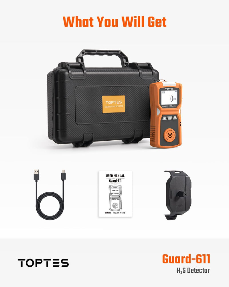 ギャラリービューアに画像をロードする, TOPTES Guard-611 Portable H2S Detector Features a Convenient H2S Monitor Clip on, Rechargeable with 5-Day Battery, Low Battery Warning, Safety Explosion-Proof-Orange
