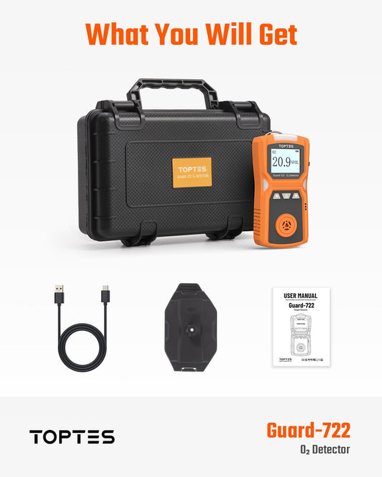 TopTes Guard-722 Oxygen Detector, Portable O2 Monitor, 0-30%, Rechargeable 120H Battery Duration, Sound, Light and Vibration Alarms, Dust and Explosion Proof, Handheld O2 Meter for Work, Home - Orange