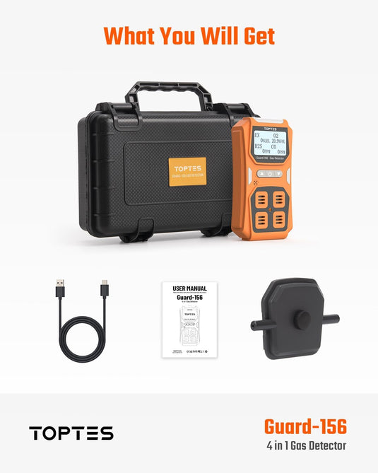 TopTes Guard-156 4 Gas Monitor Multi Gas Detector for H2S, CO, LEL, and O2, Triple Alarm Modes (Visual, Vibration, Sound), 0.5s Fast Response, Dust and Explosion Proof Design for Work and Home Safety-Orange