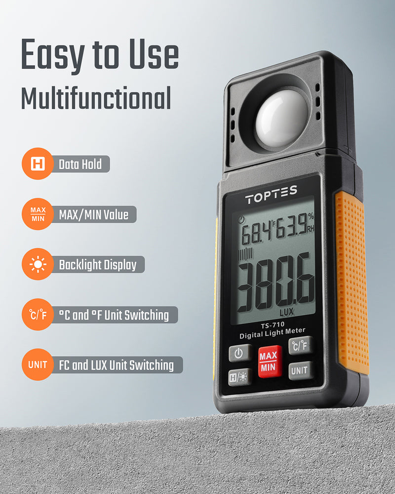 Load image into Gallery viewer, TopTes TS-710 Light Meter, Lux/Foot Candles Meter with 180º Rotating Sensor, 0.1~200,000 Lux Range, Large Backlit Display, Light Meter for Plants, Car Headlights, Home & Office LEDs (Includes Battery)