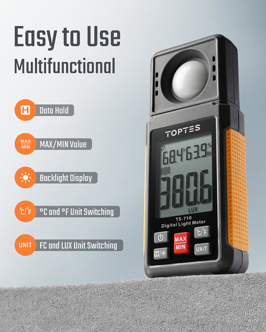 TopTes TS-710 Light Meter, Lux/Foot Candles Meter with 180º Rotating Sensor, 0.1~200,000 Lux Range, Large Backlit Display, Light Meter for Plants, Car Headlights, Home & Office LEDs (Includes Battery)