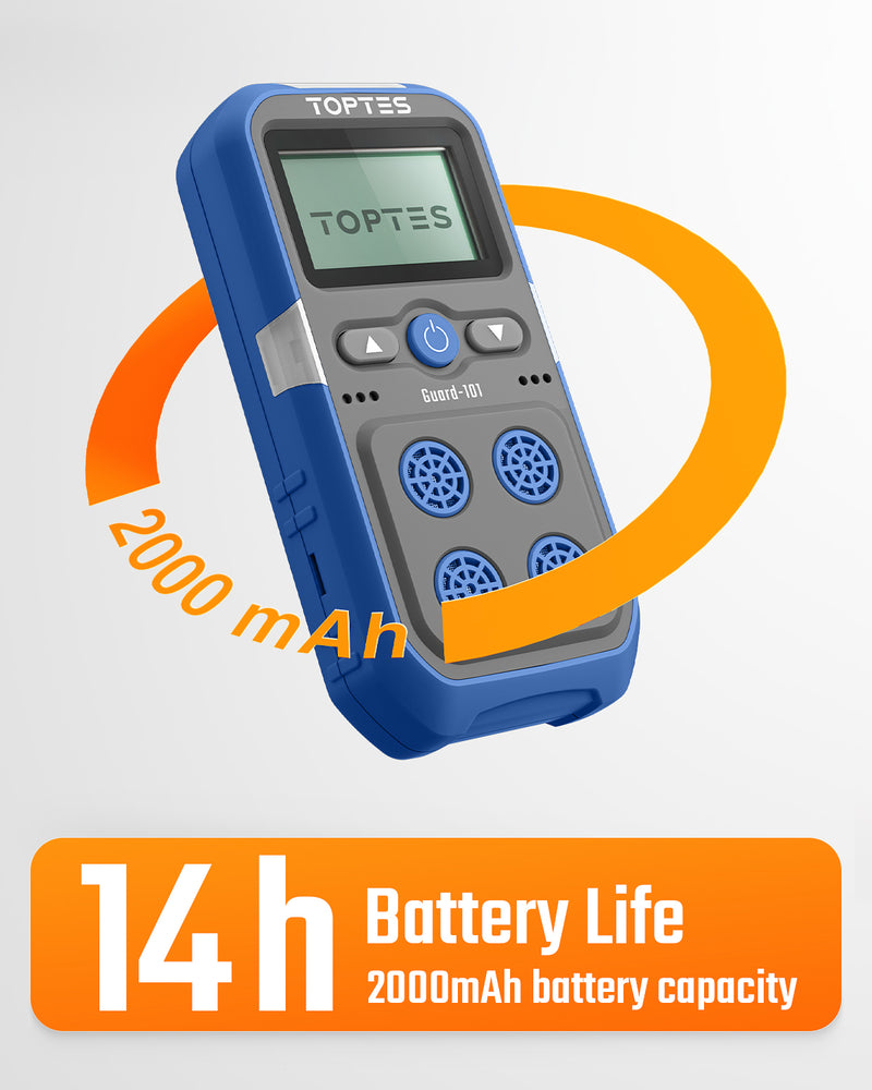 Chargez l'image dans la visionneuse de la galerie, Détecteur de gaz Guard-101, détecteur 4 gaz pour H₂S, CO, LEL et O₂, avec vibrations, alarmes visuelles et sonores, autonomie de 14 h, sécurité antidéflagrante, détecteur de gaz pour le travail et la maison - Bleu