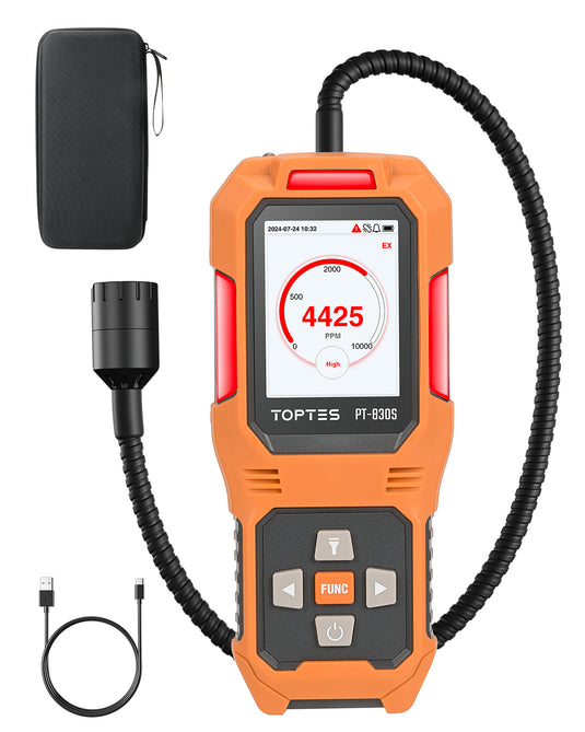 TopTes PT-830S Rechargeable Gas Leak Detector with 14.5 Inch Flexible Probe, Range 0-10000 ppm, TFT Color Display & 3 Types Alarm, Natural Gas Leak Detector for Propane, Methane for Home or Industrial