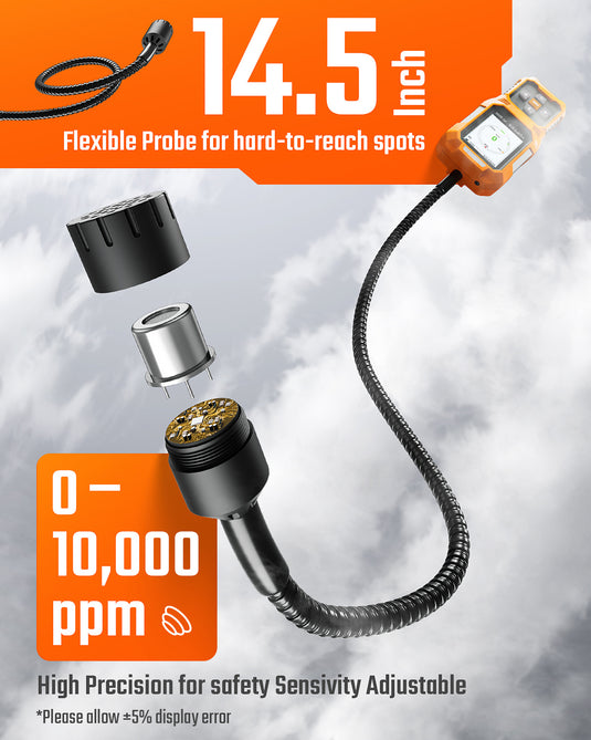 TopTes PT-830S Rechargeable Gas Leak Detector with 14.5 Inch Flexible Probe, Range 0-10000 ppm, TFT Color Display & 3 Types Alarm, Natural Gas Leak Detector for Propane, Methane for Home or Industrial