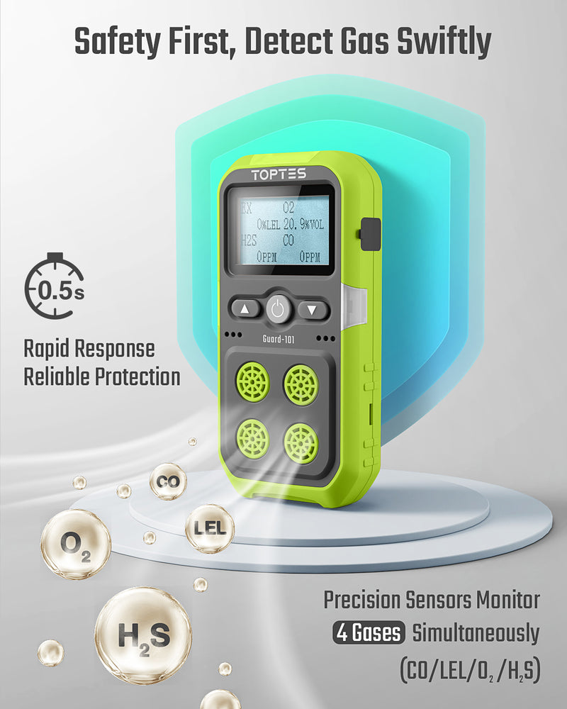 Laden Sie das Bild in Galerie -Viewer, TopTes Guard-101 Gas Detector, 4 Gas Monitor for H2S, CO, LEL and O2, with Vibration, Visual and Audible Alarms, 14h Long Battery Life, Safety Explosion-Proof, for Work, Home - Green
