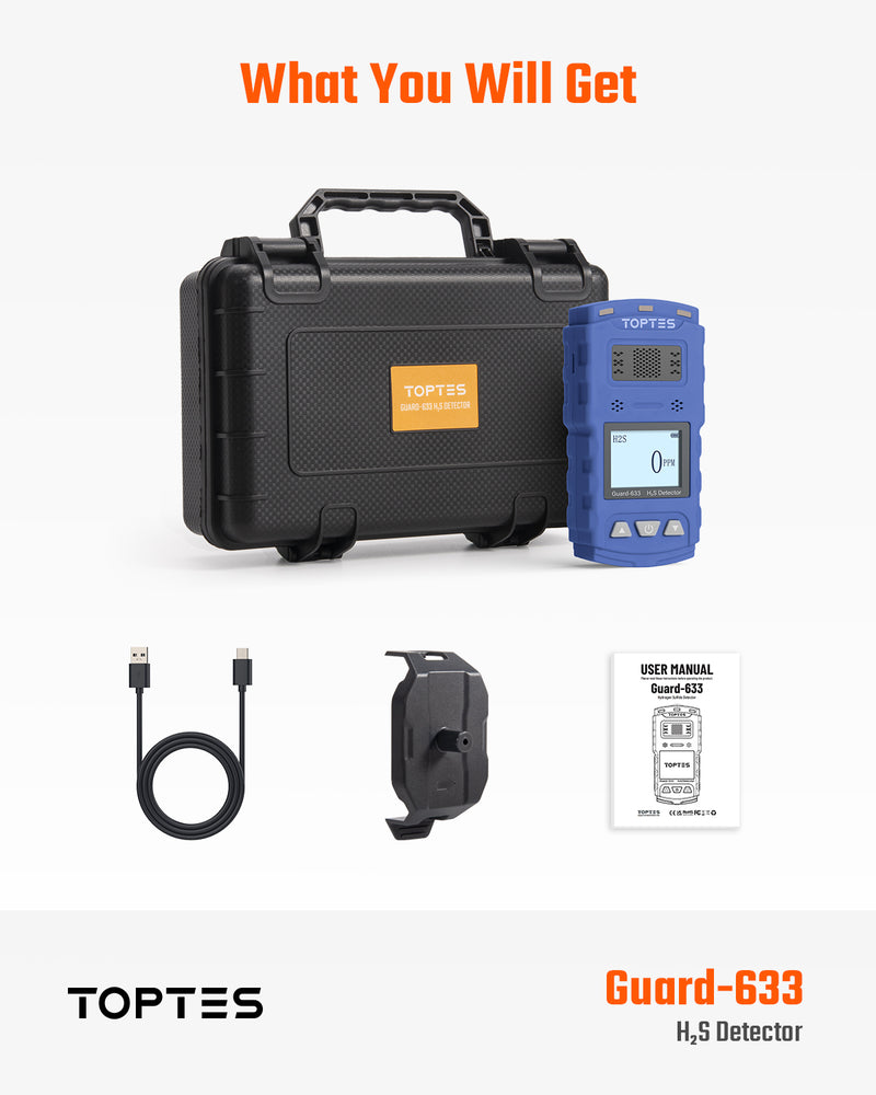 Load image into Gallery viewer, TOPTES Guard-633 H2S Detector, H2S Monitor Clip On with Precise Gas Sensor, 0.5S Fast Response, 7-Day Battery Life, Low Battery Alert, Adjustable alarm range, 3 Alarm Modes, Explosion-Proof Safety
