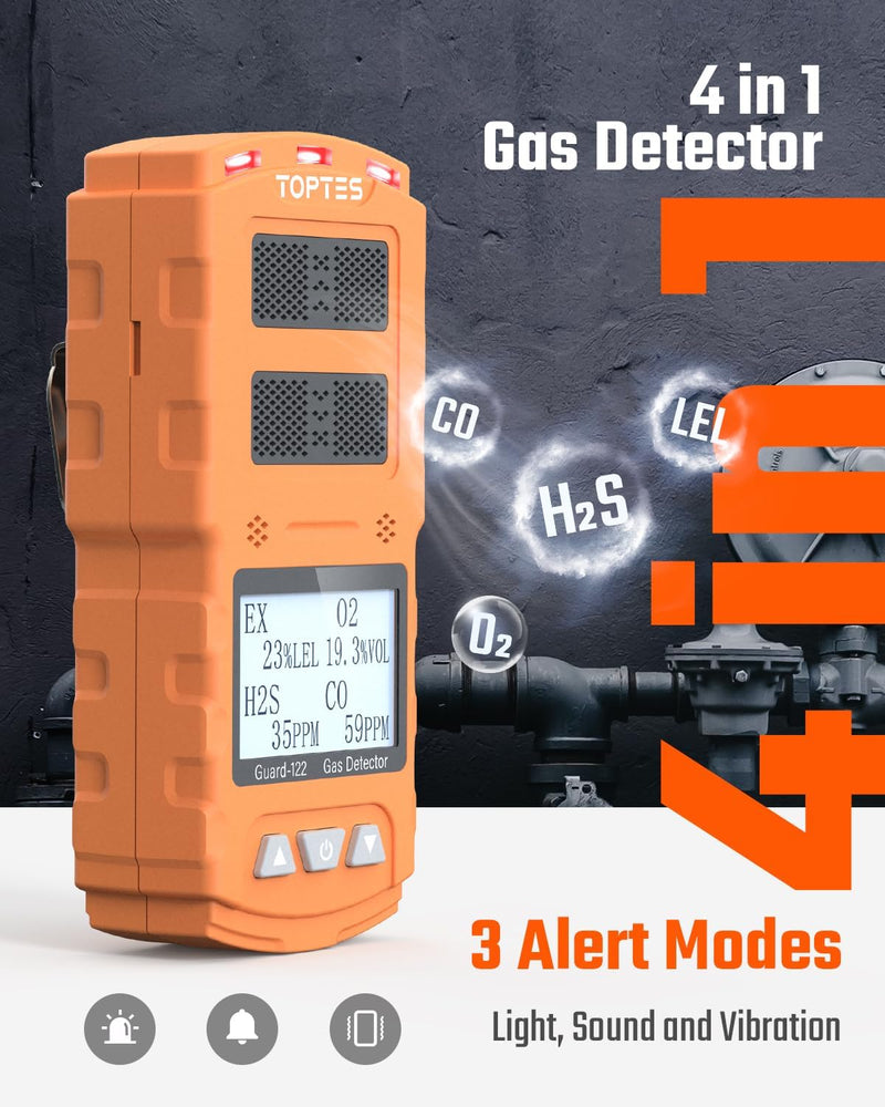 Chargez l&#39;image dans la visionneuse de la galerie, TopTes Guard-122 4 Gas Monitor Multi Gas Detector for H2S, CO, LEL, O2, 0.5s Response, Triple Alarms, Sensor Positioned at The Top for Unobstructed Detection, Safety Explosion-Proof for Work, Home-Orange
