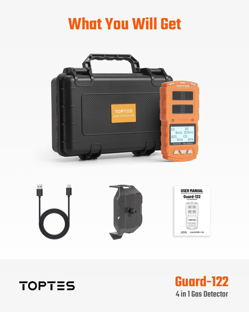 Chargez l&#39;image dans la visionneuse de la galerie, TopTes Guard-122 4 Gas Monitor Multi Gas Detector for H2S, CO, LEL, O2, 0.5s Response, Triple Alarms, Sensor Positioned at The Top for Unobstructed Detection, Safety Explosion-Proof for Work, Home-Orange
