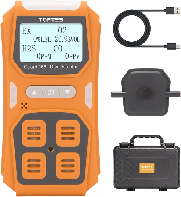 TopTes Guard-156 4 Gas Monitor Multi Gas Detector for H2S, CO, LEL, and O2, Triple Alarm Modes (Visual, Vibration, Sound), 0.5s Fast Response, Dust and Explosion Proof Design for Work and Home Safety-Orange