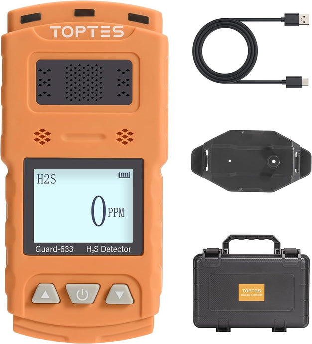 TOPTES Guard-633 H2S Detector, H2S Monitor Clip On with Precise Gas Sensor, 0.5S Fast Response, 7-Day Battery Life, Low Battery Alert, Adjustable Alarm Range, 3 Alarm Modes, Explosion-Proof Safety-Orange
