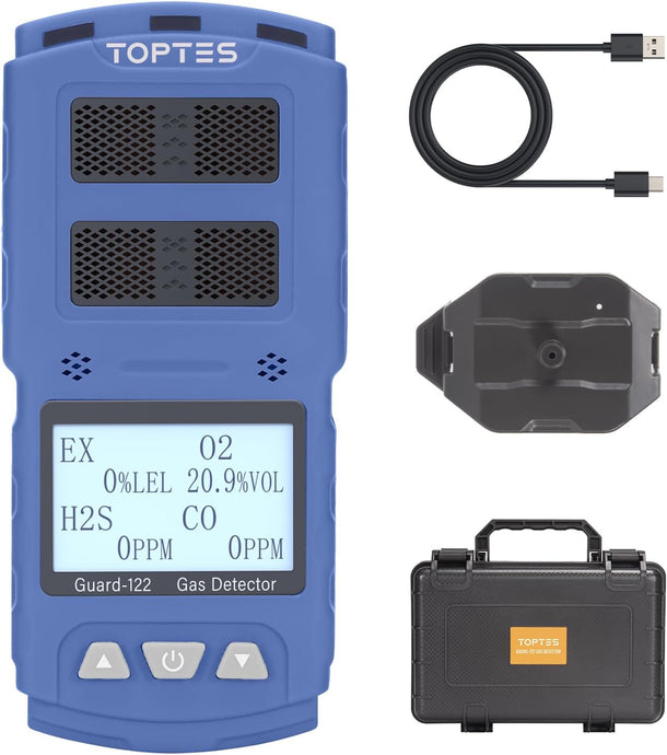 TopTes Guard-122 4 Gas Monitor Multi Gas Detector for H2S, CO, LEL, O2, 0.5s Response, Triple Alarms, Sensor Positioned at The Top for Unobstructed Detection, Safety Explosion-Proof for Work, Home-Blue