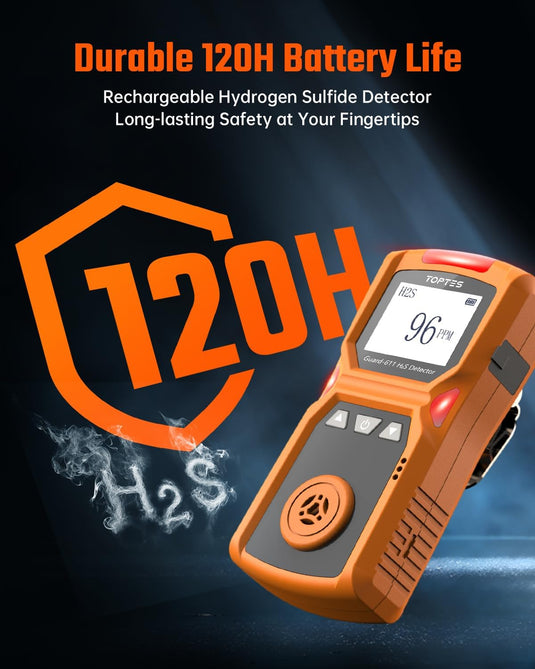 TOPTES Guard-611 Portable H2S Detector Features a Convenient H2S Monitor Clip on, Rechargeable with 5-Day Battery, Low Battery Warning, Safety Explosion-Proof-Orange