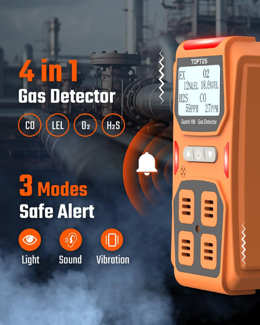 TopTes Guard-156 4 Gas Monitor Multi Gas Detector for H2S, CO, LEL, and O2, Triple Alarm Modes (Visual, Vibration, Sound), 0.5s Fast Response, Dust and Explosion Proof Design for Work and Home Safety-Orange