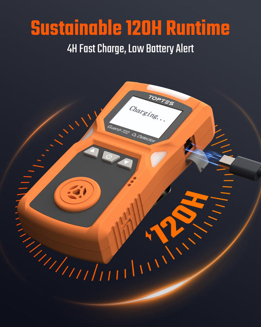 TopTes Guard-722 Oxygen Detector, Portable O2 Monitor, 0-30%, Rechargeable 120H Battery Duration, Sound, Light and Vibration Alarms, Dust and Explosion Proof, Handheld O2 Meter for Work, Home - Orange