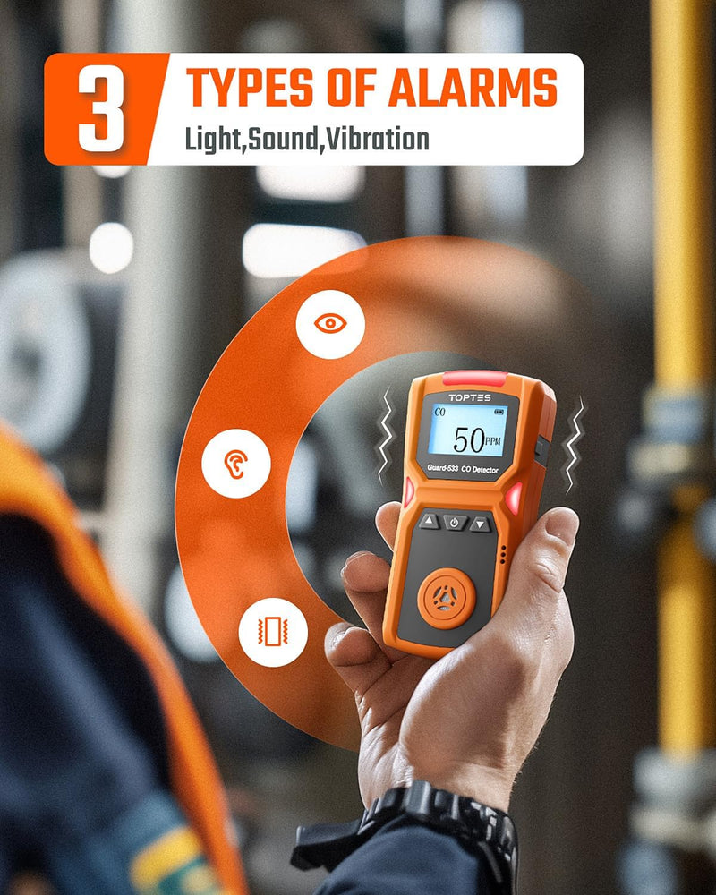 Carica immagine in Galleria Viewer, TopTes Guard-533 Portable Carbon Monoxide Detector, CO Detector with Visual, Audible &amp; Vibration Alarms, Back Clip Design, 120h Standby, Auto Record Storage, Safety Explosion-Proof for Home, Work Use
