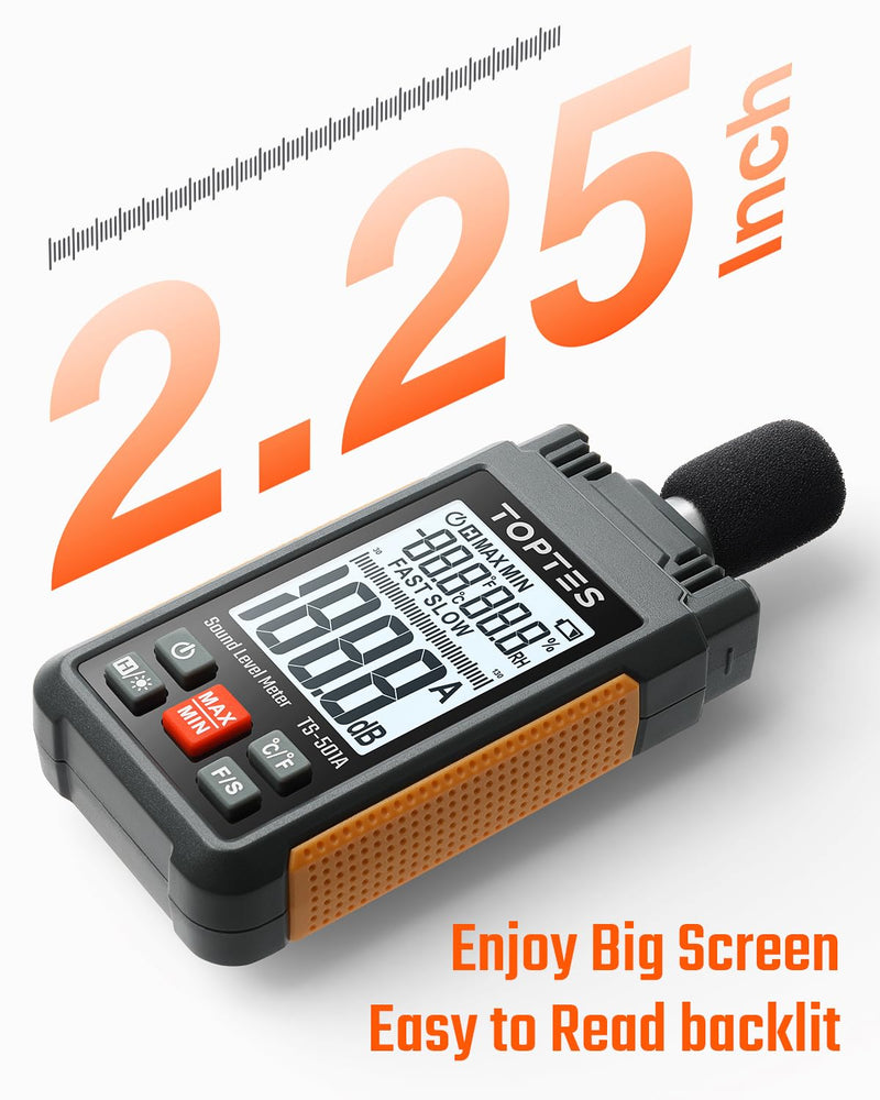 Load image into Gallery viewer, TopTes Decibel Meter, TS-501A Sound Level Meter with 2.25” Backlight LCD Screen, Portable SPL Tester with A Weighted, Range 30-130dB, Data Hold, MAX/MIN, Use for Home, Noisy Neighbor, Factory - Orange
