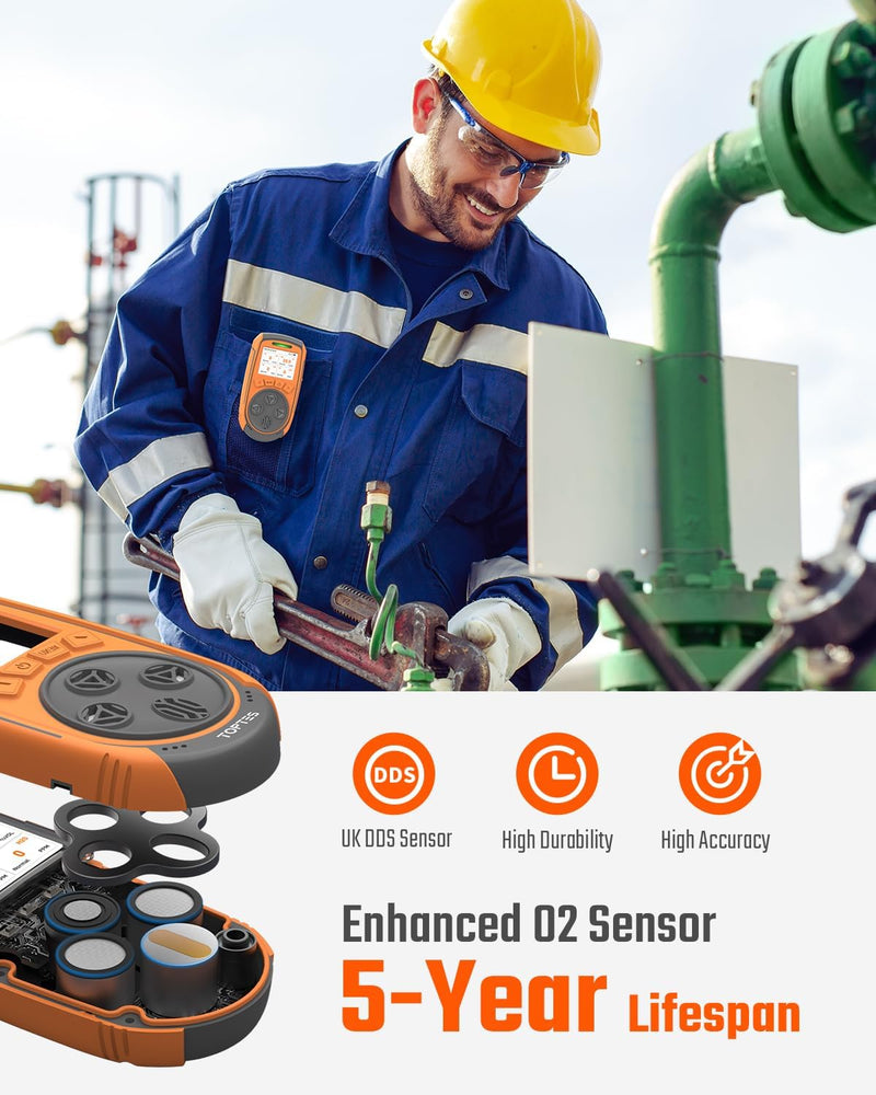 Load image into Gallery viewer, TopTes Guard-863Pro 4 Gas Monitor Multi Gas Detector for H₂S, CO, LEL, and O₂, with TFT Color Screen, Upgraded O₂ Sensor (5-Year Lifespan), USB Data Export, 18h Battery Life, Reliable for Work &amp; Home-Orange

