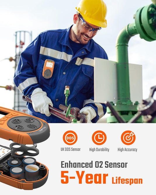 TopTes Guard-863Pro 4 Gas Monitor Multi Gas Detector for H₂S, CO, LEL, and O₂, with TFT Color Screen, Upgraded O₂ Sensor (5-Year Lifespan), USB Data Export, 18h Battery Life, Reliable for Work & Home-Orange