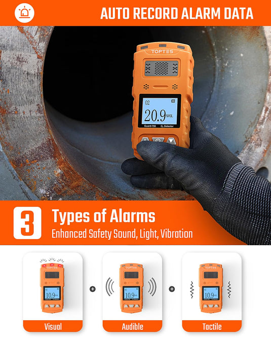 TopTes Guard-756 Upgraded Oxygen Detector, Portable O2 Monitor, 0.5s Fast Response, Rechargeable O2 Gas Detector, with Vibration, Visual & Sound Alarms, Dust and Explosion Proof, for Work, Home-Orange