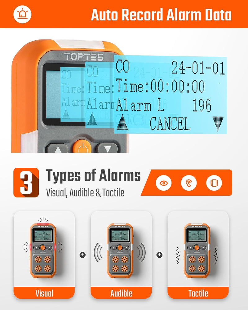 Load image into Gallery viewer, TopTes Guard-101 Gas Detector, 4 Gas Monitor for H2S, CO, LEL and O2, with Vibration, Visual and Audible Alarms, 14h Long Battery Life, Safety Explosion-Proof, for Work, Home - Orange

