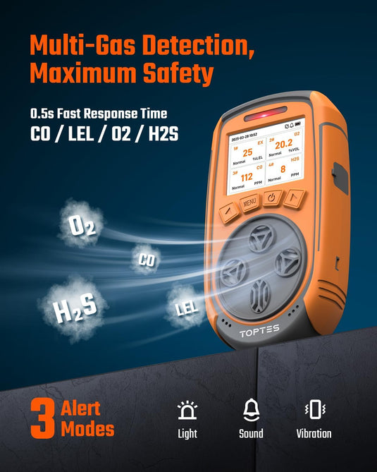 TopTes Guard-863Pro 4 Gas Monitor Multi Gas Detector for H₂S, CO, LEL, and O₂, with TFT Color Screen, Upgraded O₂ Sensor (5-Year Lifespan), USB Data Export, 18h Battery Life, Reliable for Work & Home-Orange