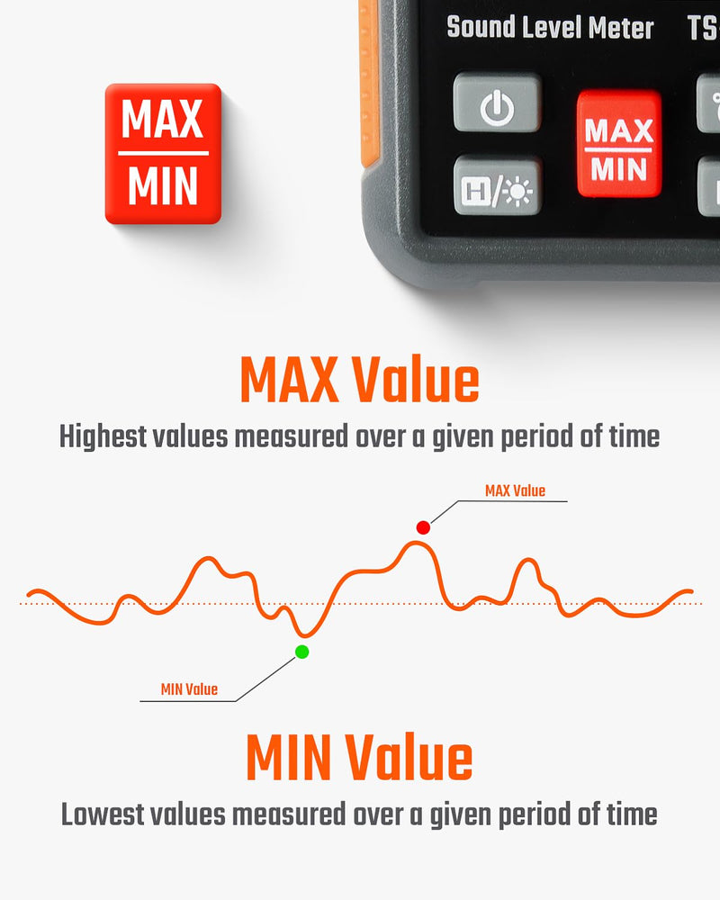 Load image into Gallery viewer, TopTes Decibel Meter, TS-501A Sound Level Meter with 2.25” Backlight LCD Screen, Portable SPL Tester with A Weighted, Range 30-130dB, Data Hold, MAX/MIN, Use for Home, Noisy Neighbor, Factory - Orange
