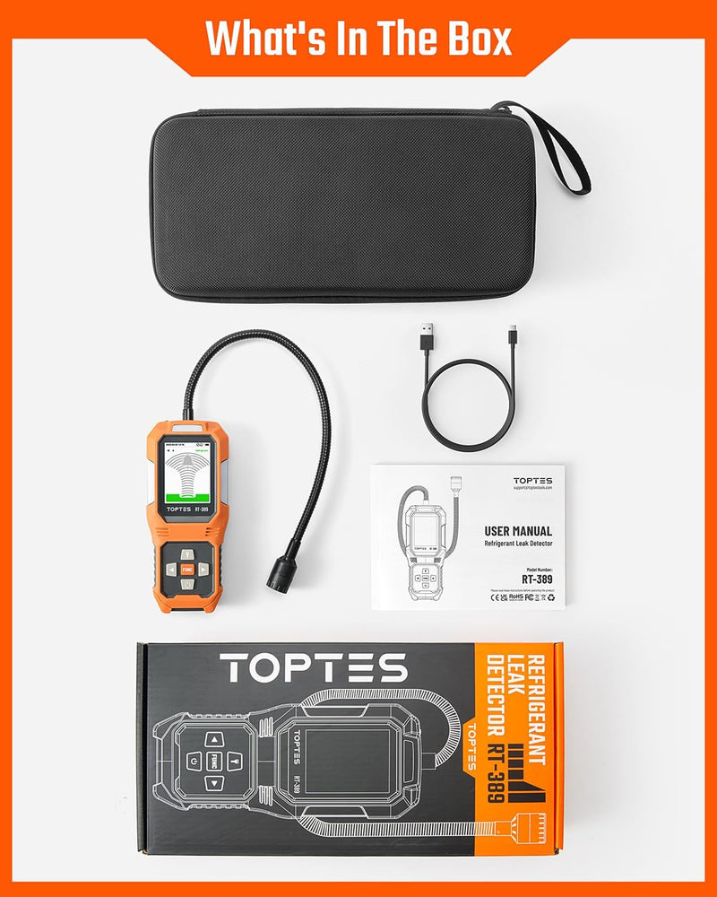 Carica immagine in Galleria Viewer, TOPTES RT-389 Rechargeable Refrigerant Leak Detector, HVAC Freon Leak Detector with 3 Sensitivity Modes &amp; 3 Alarm Types, Air Conditioning Detection for CFCs, HCFCs, HFCs, HFOs, HCs - Orange
