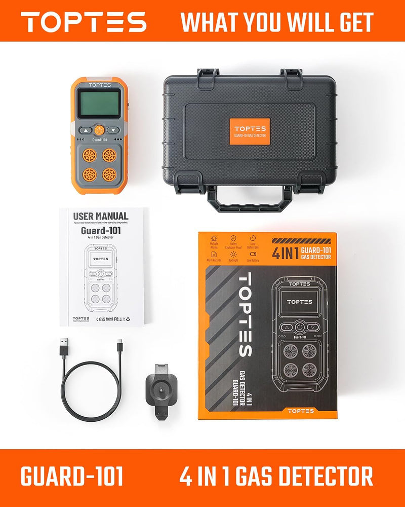 Load image into Gallery viewer, TopTes Guard-101 Gas Detector, 4 Gas Monitor for H2S, CO, LEL and O2, with Vibration, Visual and Audible Alarms, 14h Long Battery Life, Safety Explosion-Proof, for Work, Home - Orange
