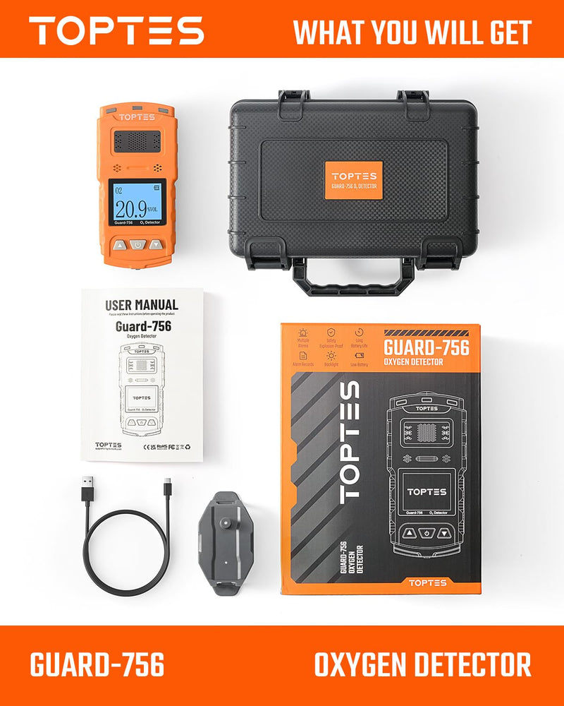 Laden Sie das Bild in Galerie -Viewer, TopTes Guard-756 Upgraded Oxygen Detector, Portable O2 Monitor, 0.5s Fast Response, Rechargeable O2 Gas Detector, with Vibration, Visual &amp; Sound Alarms, Dust and Explosion Proof, for Work, Home-Orange
