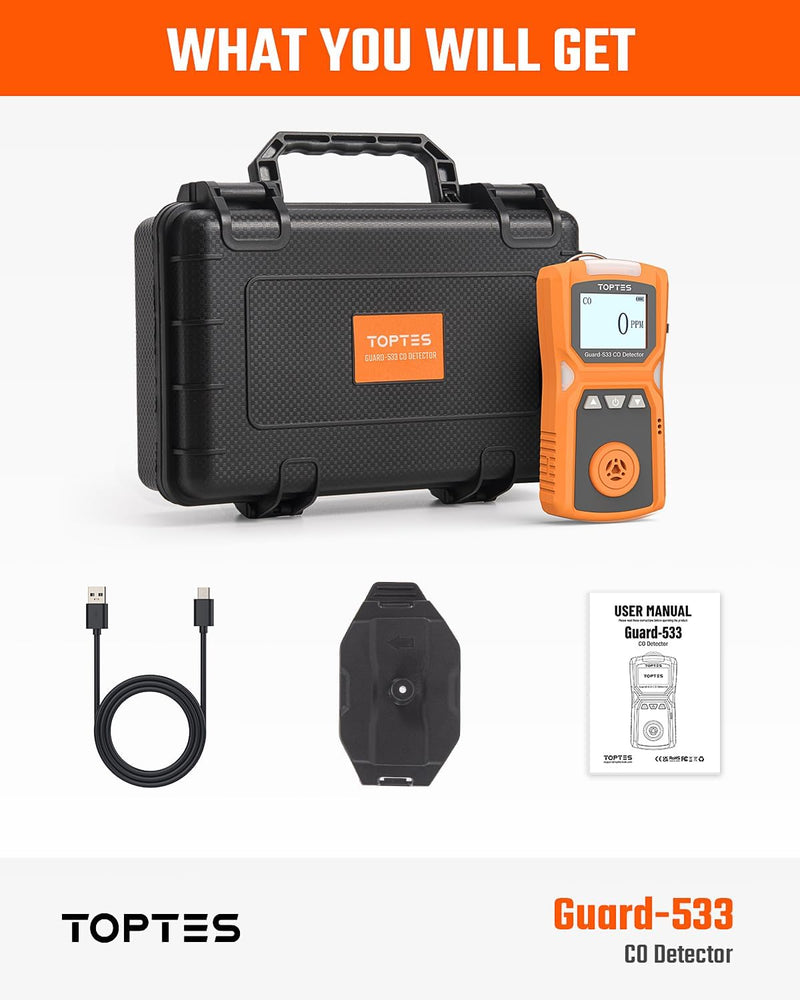 Carica immagine in Galleria Viewer, TopTes Guard-533 Portable Carbon Monoxide Detector, CO Detector with Visual, Audible &amp; Vibration Alarms, Back Clip Design, 120h Standby, Auto Record Storage, Safety Explosion-Proof for Home, Work Use
