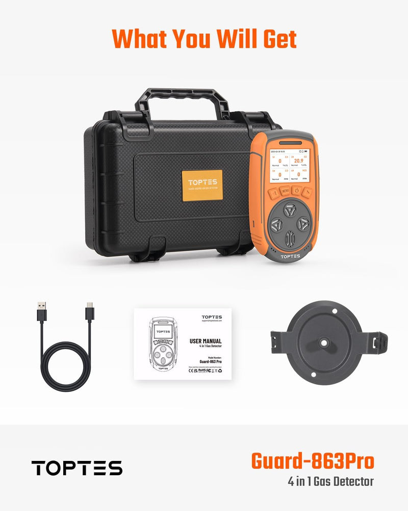 Load image into Gallery viewer, TopTes Guard-863Pro 4 Gas Monitor Multi Gas Detector for H₂S, CO, LEL, and O₂, with TFT Color Screen, Upgraded O₂ Sensor (5-Year Lifespan), USB Data Export, 18h Battery Life, Reliable for Work &amp; Home-Orange
