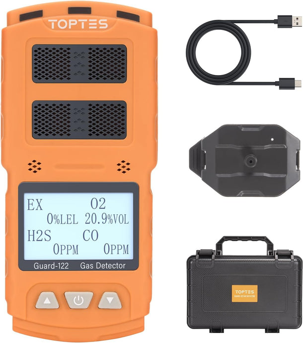 TopTes Guard-122 4 Gas Monitor Multi Gas Detector for H2S, CO, LEL, O2, 0.5s Response, Triple Alarms, Sensor Positioned at The Top for Unobstructed Detection, Safety Explosion-Proof for Work, Home-Orange