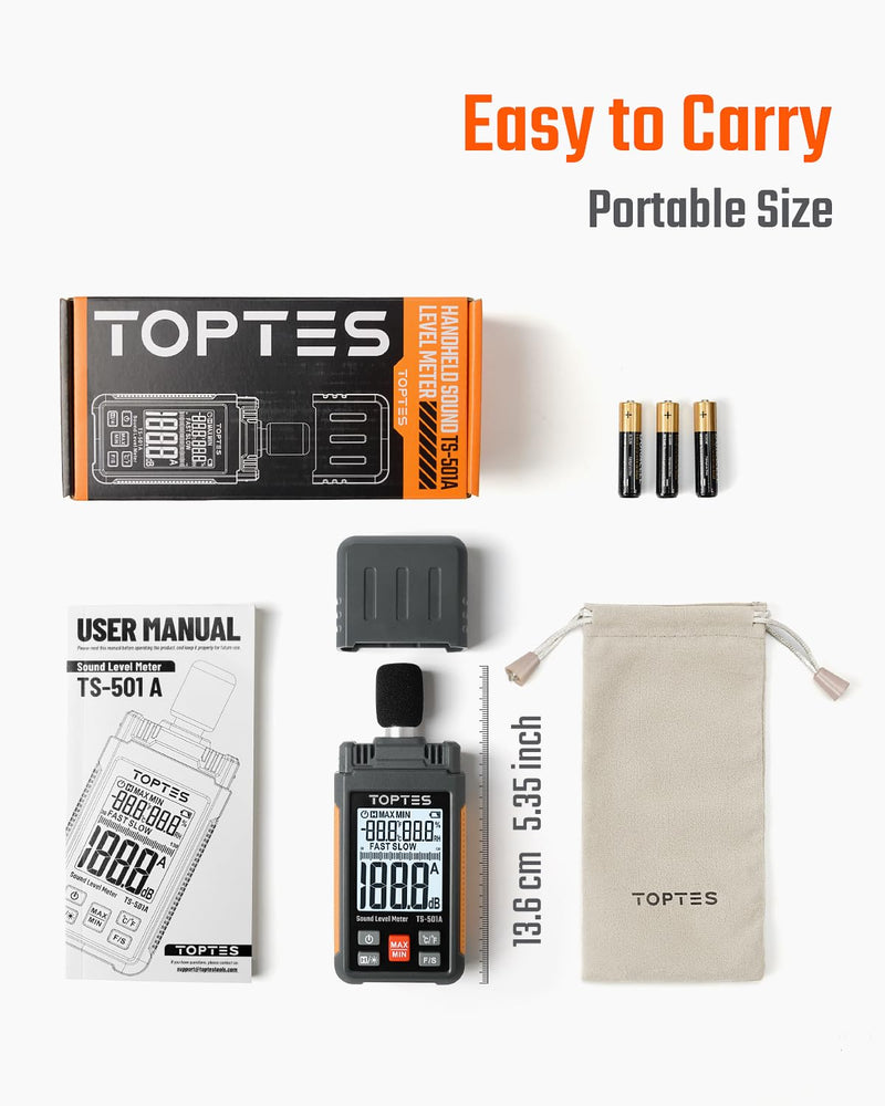 Load image into Gallery viewer, TopTes Decibel Meter, TS-501A Sound Level Meter with 2.25” Backlight LCD Screen, Portable SPL Tester with A Weighted, Range 30-130dB, Data Hold, MAX/MIN, Use for Home, Noisy Neighbor, Factory - Orange
