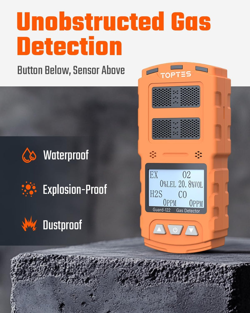 Chargez l&#39;image dans la visionneuse de la galerie, TopTes Guard-122 4 Gas Monitor Multi Gas Detector for H2S, CO, LEL, O2, 0.5s Response, Triple Alarms, Sensor Positioned at The Top for Unobstructed Detection, Safety Explosion-Proof for Work, Home-Orange
