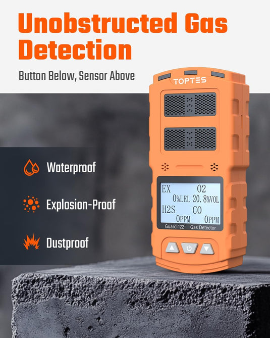 TopTes Guard-122 4 Gas Monitor Multi Gas Detector for H2S, CO, LEL, O2, 0.5s Response, Triple Alarms, Sensor Positioned at The Top for Unobstructed Detection, Safety Explosion-Proof for Work, Home-Orange