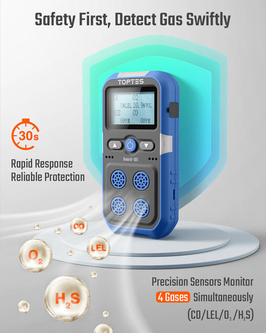 TopTes Guard-101 Gas Detector, 4 Gas Monitor for H2S, CO, LEL and O2, with Vibration, Visual and Audible Alarms, 14h Long Battery Life, Safety Explosion-Proof, for Work, Home - Blue