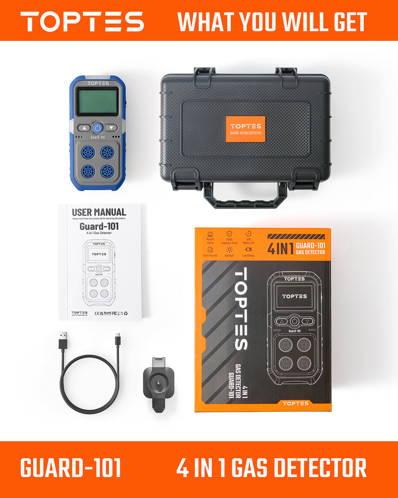 Load image into Gallery viewer, TopTes Guard-101 Gas Detector, 4 Gas Monitor for H2S, CO, LEL and O2, with Vibration, Visual and Audible Alarms, 14h Long Battery Life, Safety Explosion-Proof, for Work, Home - Blue
